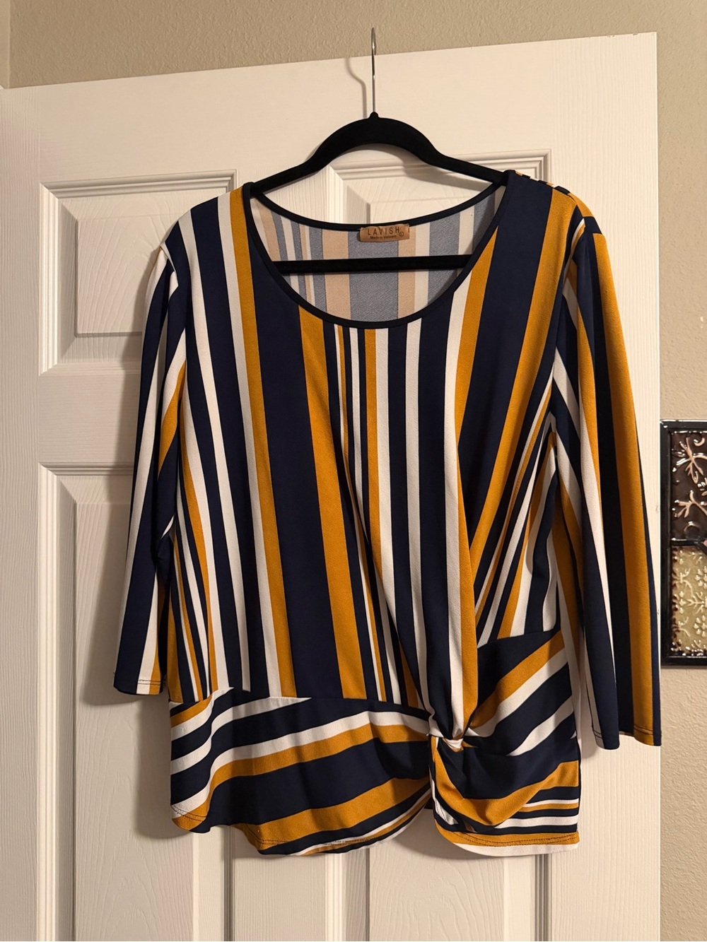 Lavish Striped Knot-Front Tunic - Navy, Mustard & White